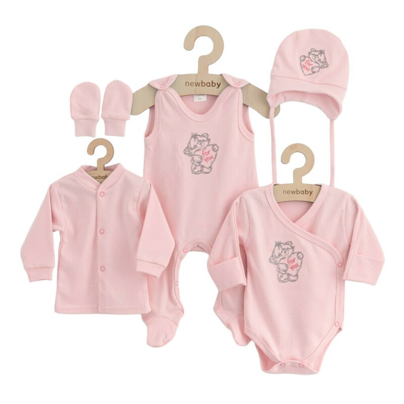 Set 5 piese, New Baby, Include Salopeta fara maneci, jacheta, body cu maneca lunga, caciulita, manusi, Marime 50, Din bumbac 100%, Classic Pink