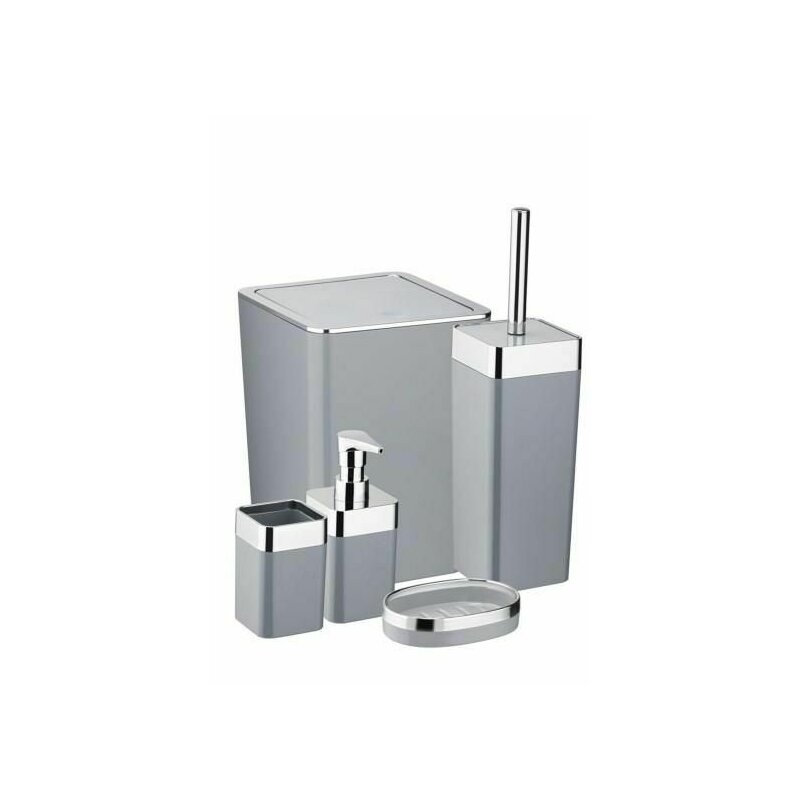Set accesorii baie, 5 piese, dozator sapun, suport sapun si periuta dinti, perie WC, gri