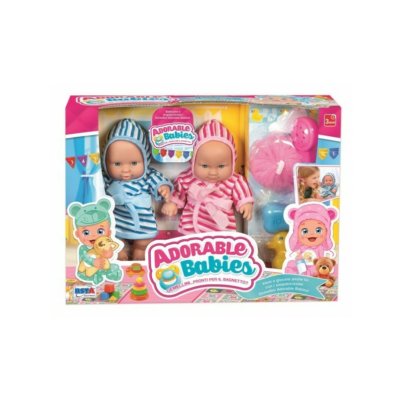Set bebelusi gemeni, fata si baiat 20 cm, RS Toys, pregatiti pentru baie, cu haine si accesorii