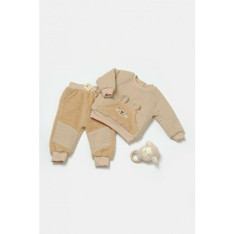 Set bluza cu buzunar si pantaloni Ursulet, Winter muselin, 100% bumbac dublat - Apricot, BabyCosy (Marime: 12-18 Luni)