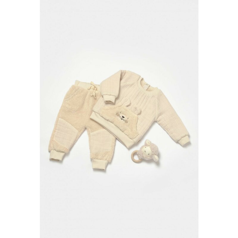 Set bluza cu buzunar si pantaloni Ursulet, Winter muselin, 100% bumbac dublat - Stone, BabyCosy (Marime: 12-18 Luni)