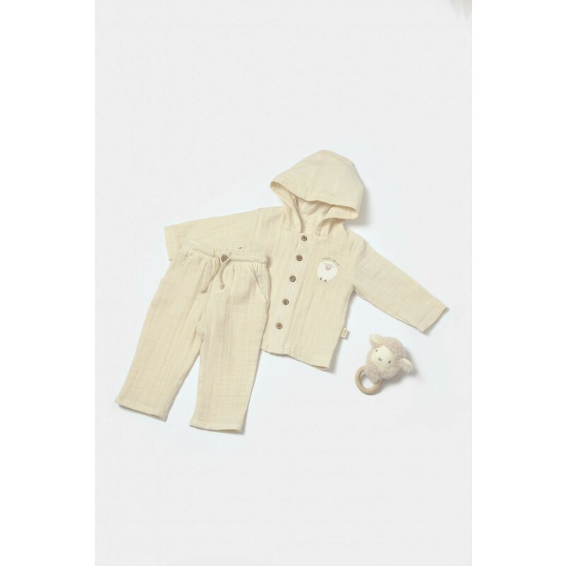 Set bluza cu gluga si pantaloni, Winter muselin, 100% bumbac - Stone, BabyCosy (Marime: 6-9 luni)