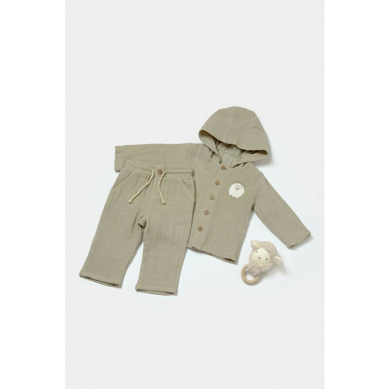 Set bluza cu gluga si pantaloni, Winter muselin, 100% bumbac - Verde, BabyCosy (Marime: 18-24 Luni)