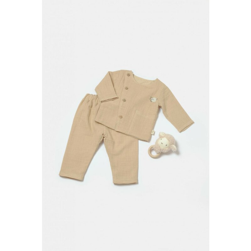 Set bluza cu nasturi si pantaloni , Winter muselin, 100% bumbac - Apricot, BabyCosy (Marime: 12-18 Luni)