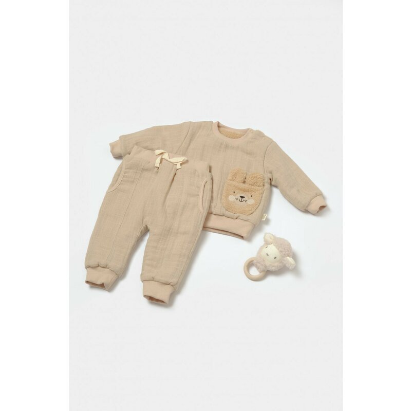 Set bluza dublata si pantaloni Ursulet, Winter muselin, 100% bumbac - Apricot, BabyCosy (Marime: 12-18 Luni)