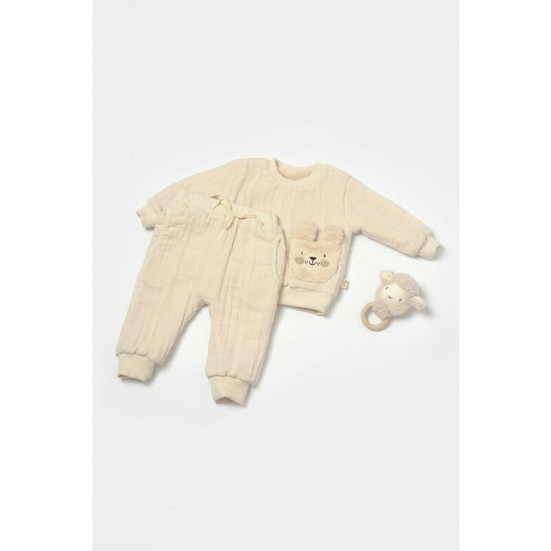 Set bluza dublata si pantaloni Ursulet, Winter muselin, 100% bumbac - Stone, BabyCosy (Marime: 12-18 Luni)