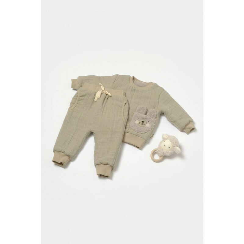 Set bluza dublata si pantaloni Ursulet, Winter muselin, 100% bumbac - Verde, BabyCosy (Marime: 12-18 Luni)