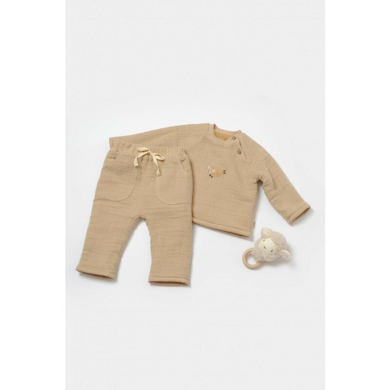 Set bluza dublata si pantaloni, Winter muselin, 100% bumbac - Apricot, BabyCosy (Marime: 12-18 Luni)