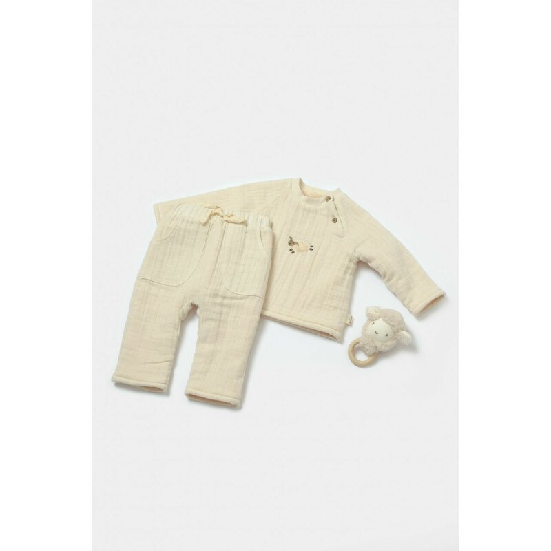 Set bluza dublata si pantaloni, Winter muselin, 100% bumbac - Stone, BabyCosy (Marime: 12-18 Luni)