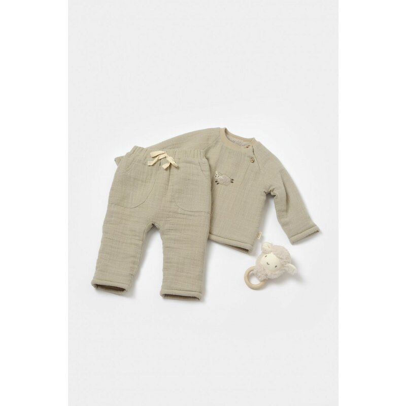 Set bluza dublata si pantaloni, Winter muselin, 100% bumbac - Verde, BabyCosy (Marime: 12-18 Luni)