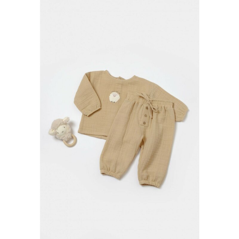 Set bluza si pantaloni, Winter muselin, 100% bumbac - Apricot, BabyCosy (Marime: 18-24 Luni)