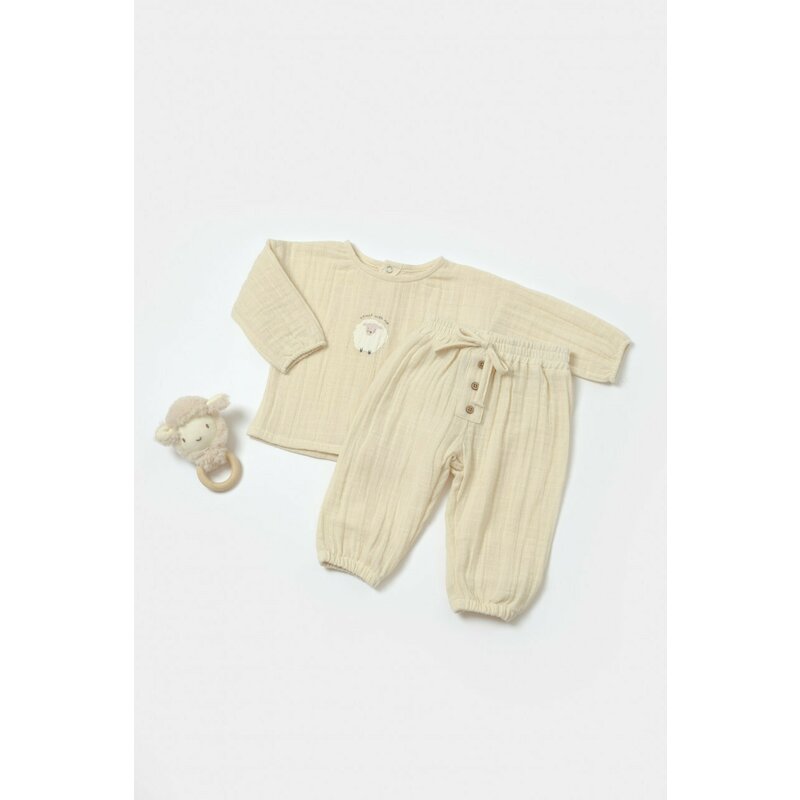 Set bluza si pantaloni, Winter muselin, 100% bumbac - Stone, BabyCosy (Marime: 6-9 luni)