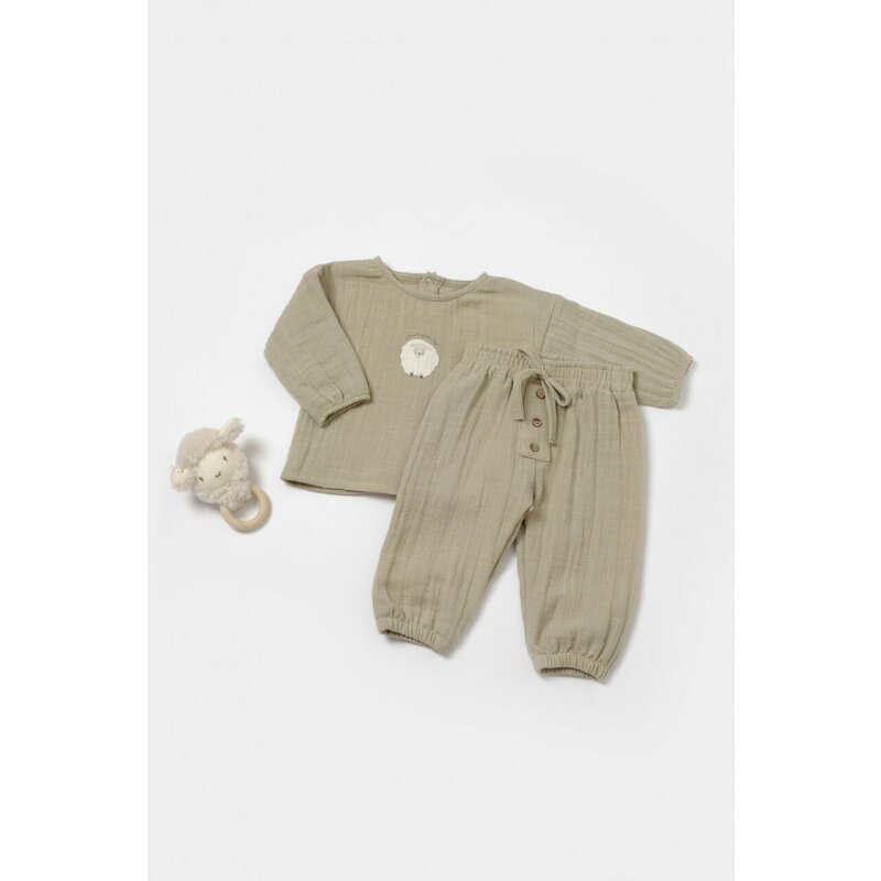 Set bluza si pantaloni, Winter muselin, 100% bumbac - Verde, BabyCosy (Marime: 18-24 Luni)