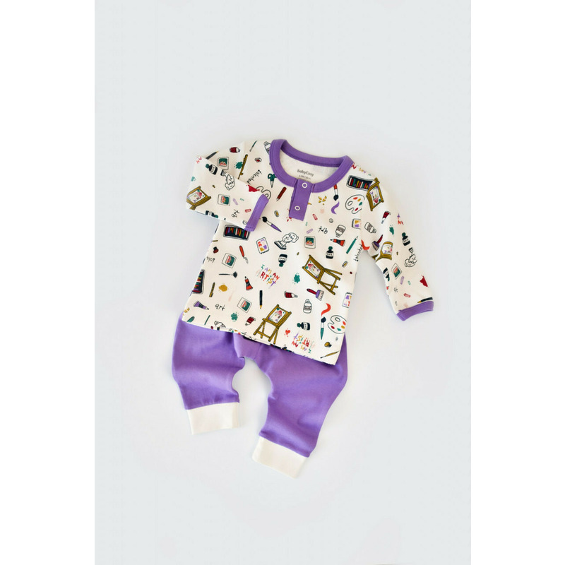 Set bluzita cu maneca lunga si nasturei si pantaloni lungi, 100% bumbac organic, BabyCosy, Mov (Marime: 18-24 Luni)