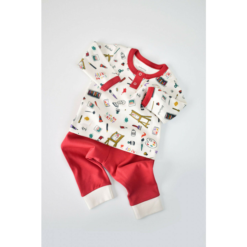 Set bluzita cu maneca lunga si nasturei si pantaloni lungi, 100% bumbac organic, BabyCosy, Rosu (Marime: 12-18 Luni)