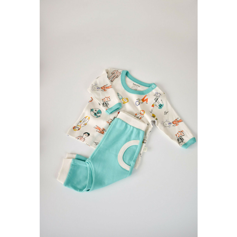 Set bluzita cu maneca lunga si pantaloni lungi, 100% bumbac organic, BabyCosy, Verde (Marime: 12-18 Luni)