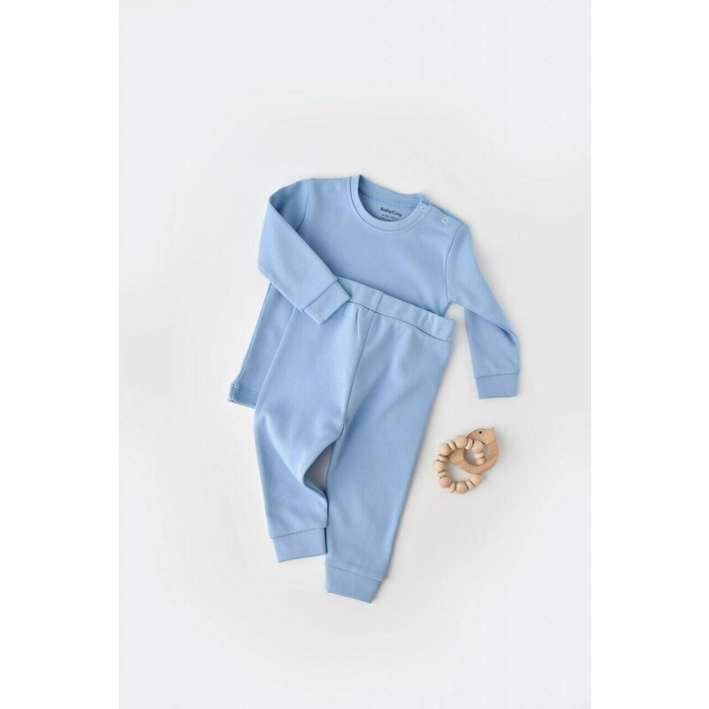 Set bluzita cu maneca lunga si pantaloni lungi - bumbac organic 100% - Bleu, BabyCosy (Marime: 9-12 luni)