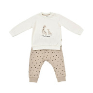 Set bluzita cu maneca lunga si pantaloni lungi cu buline Girafa, BabyCosy, 100% bumbac organic, Ecru (Marime: 18-24 Luni)