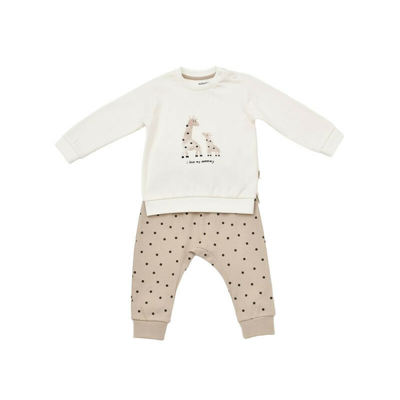 Set bluzita cu maneca lunga si pantaloni lungi cu buline Girafa, BabyCosy, 100% bumbac organic, Ecru (Marime: 9-12 luni)