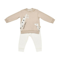 Set bluzita cu maneca lunga si pantaloni lungi cu buline Girafa, BabyCosy, 100% bumbac organic, Mink (Marime: 12-18 Luni)