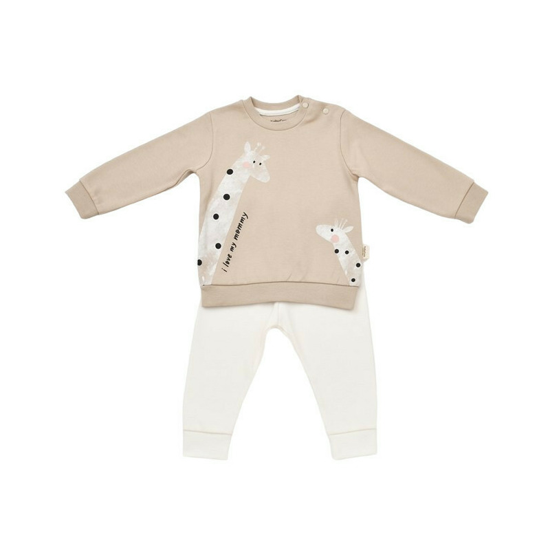 Set bluzita cu maneca lunga si pantaloni lungi cu buline Girafa, BabyCosy, 100% bumbac organic, Mink (Marime: 6-9 luni)