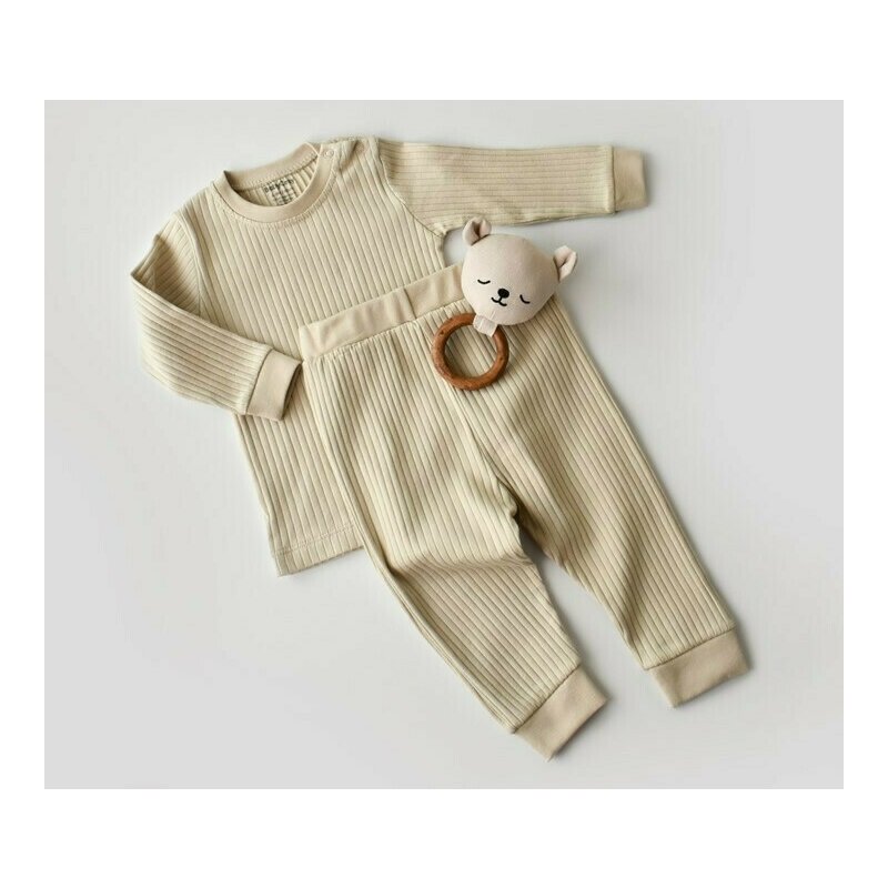 Set bluzita cu maneca lunga si pantaloni lungi din bumbac organic si 5% elastan - Crem, BabyCosy (Marime: 12-18 Luni)