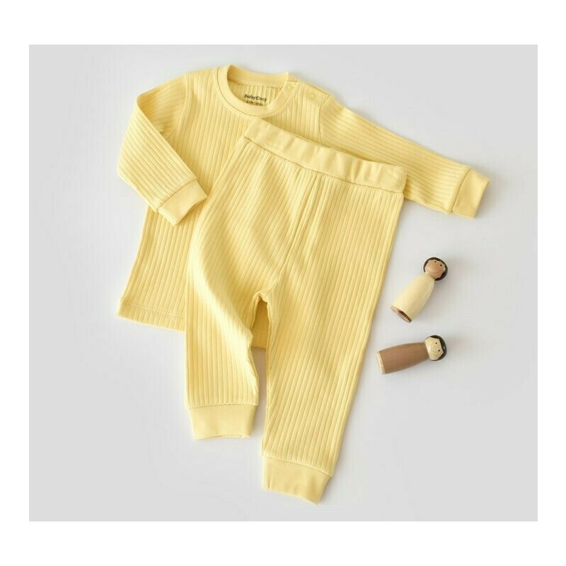 Set bluzita cu maneca lunga si pantaloni lungi din bumbac organic si 5% elastan - Galben BabyCosy (Marime: 12-18 Luni)