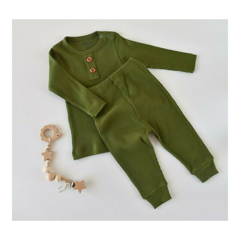 Set bluzita cu maneca lunga si pantaloni lungi din bumbac organic si modal - Verde BabyCosy (Marime: 3-6 Luni)