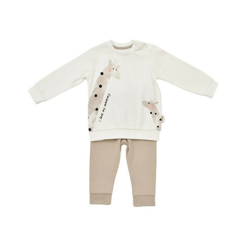 Set bluzita cu maneca lunga si pantaloni lungi Girafa, BabyCosy, 100% bumbac organic, Ecru (Marime: 12-18 Luni)