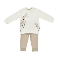 Set bluzita cu maneca lunga si pantaloni lungi Girafa, BabyCosy, 100% bumbac organic, Ecru (Marime: 6-9 luni)