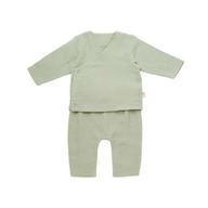 Set bluzita petrecuta si pantaloni lungi din muselina, BabyCosy, 100% bumbac organic, Verde (Marime: 12-18 Luni)