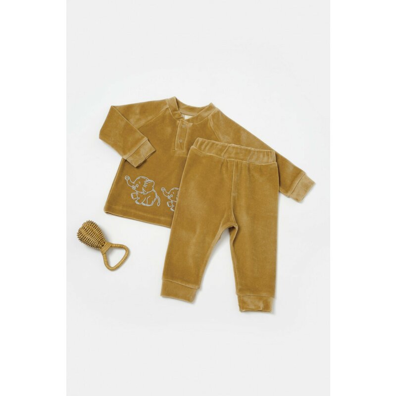 Set bluzita si pantaloni Elefant, 80%bumbac organic si 20% poliester - Mustar, BabyCosy (Marime: 12-18 Luni)