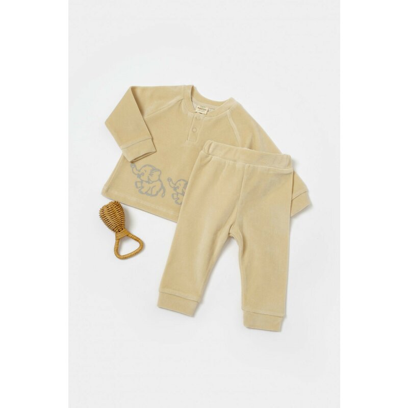 Set bluzita si pantaloni Elefant, 80%bumbac organic si 20% poliester - Stone, BabyCosy (Marime: 18-24 Luni)