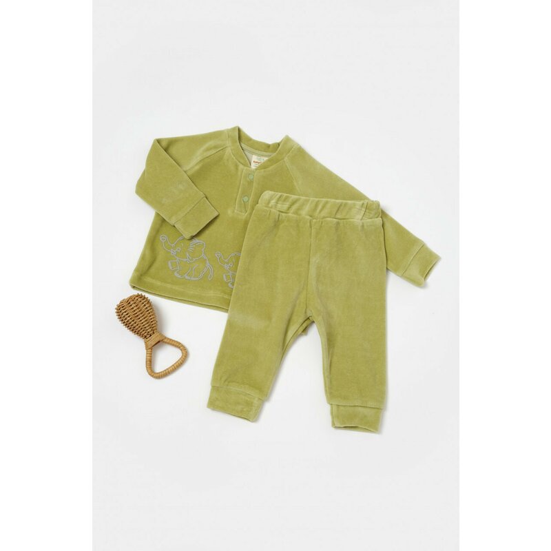 Set bluzita si pantaloni Elefant, 80%bumbac organic si 20% poliester - Verde, BabyCosy (Marime: 12-18 Luni)