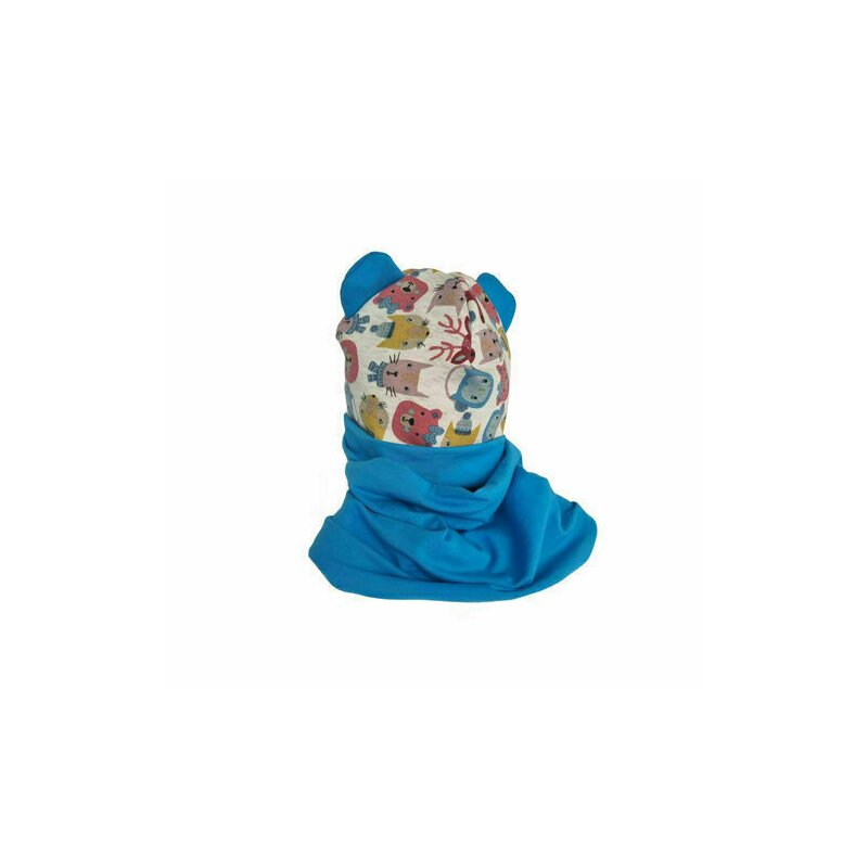Kidsdecor - set caciula cu protectie gat nou nascut blue animals, din bumbac