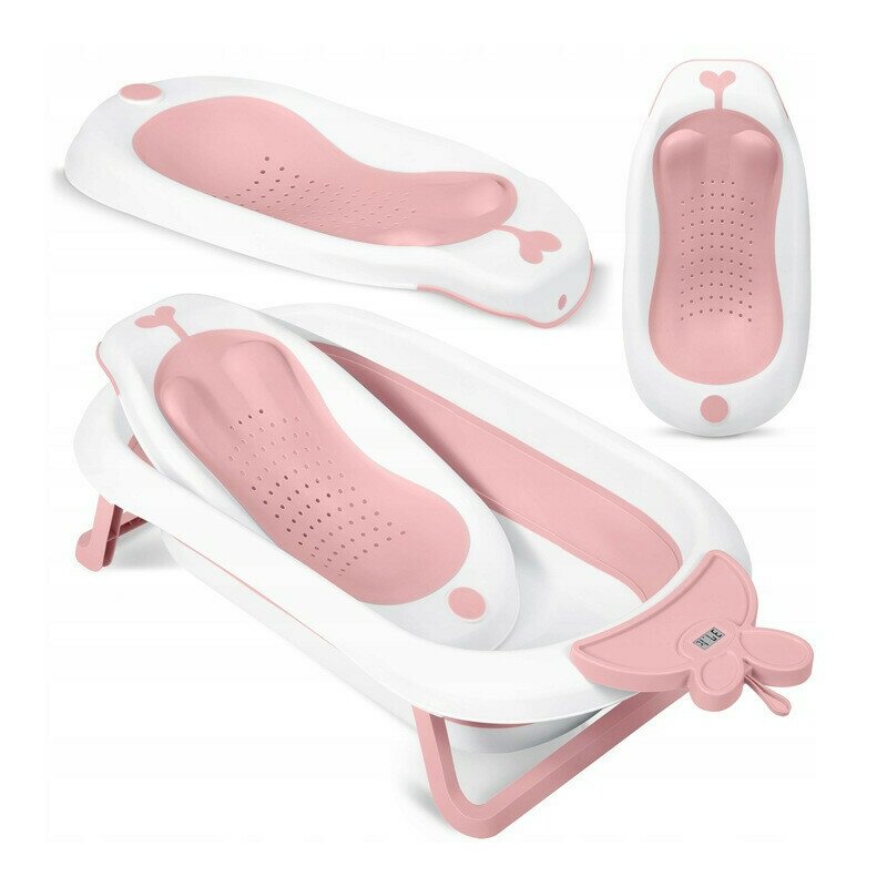 Set - Cadita de baie pliabila pentru bebelusi, cu termometru LCD, suport antiderapant, Ricokids, Roz, cu Insertie anti-alunecare pentru cadita de baie bebelusi, fixare cu ventuze, Ricokids, Roz