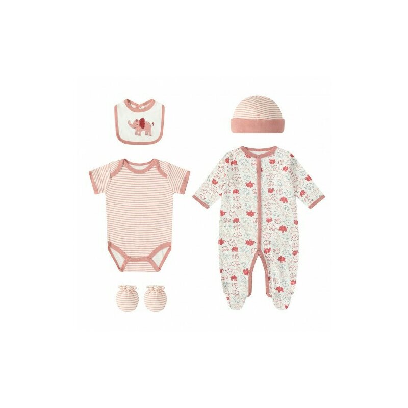 Set cadou bebe 5 piese bumbac model elefantei 3-6 luni