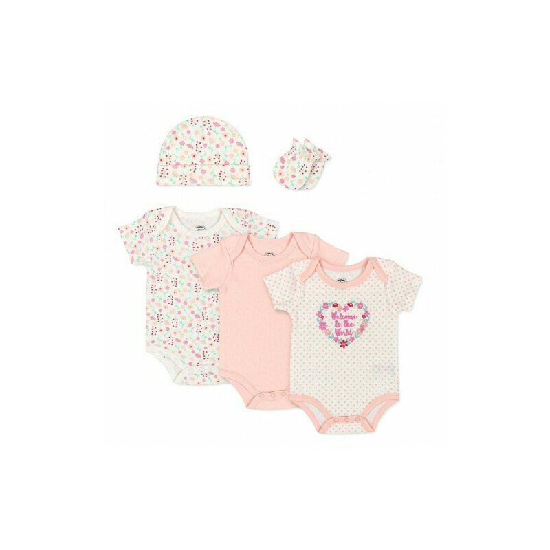 Set cadou bebe 5 piese bumbac model floricele 3-6 luni