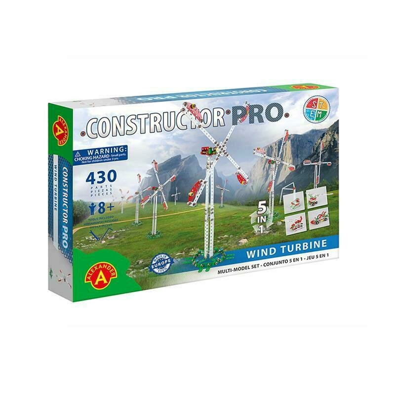 Alexander Toys - Set de constructie Multifunctional Moara Eoliana , Constructor Pro , 5 in 1, 430 piese metalice