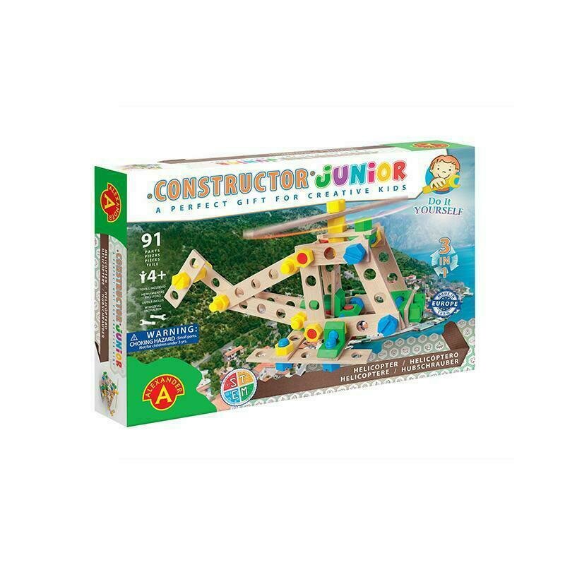 Alexander toys - set de constructie elicopter , constructor junior , 3 in 1, 80 piese din lemn