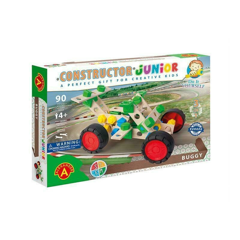 Alexander toys - set de constructie vehicul buggy , constructor junior , 3 in 1, 90 piese din lemn