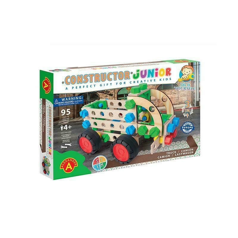Alexander toys - set de constructie vehicul camion , constructor junior , 3 in 1, 95 piese din lemn