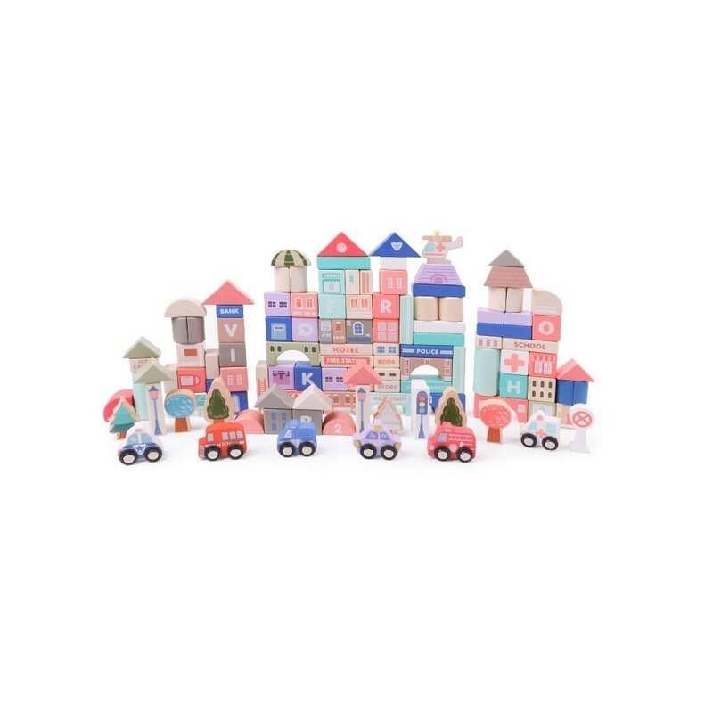 Set cuburi de constructii creative Ecotoys HM015220, din lemn, 115 blocuri