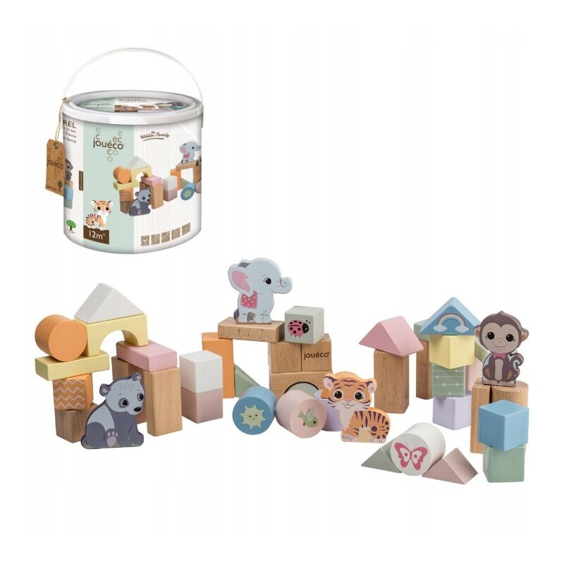 Set cuburi pentru stivuire, Joueco, The Wildies Family, Din lemn certificat FSC, Include cutie depozitare, 50 piese, 12 luni+, Multicolor