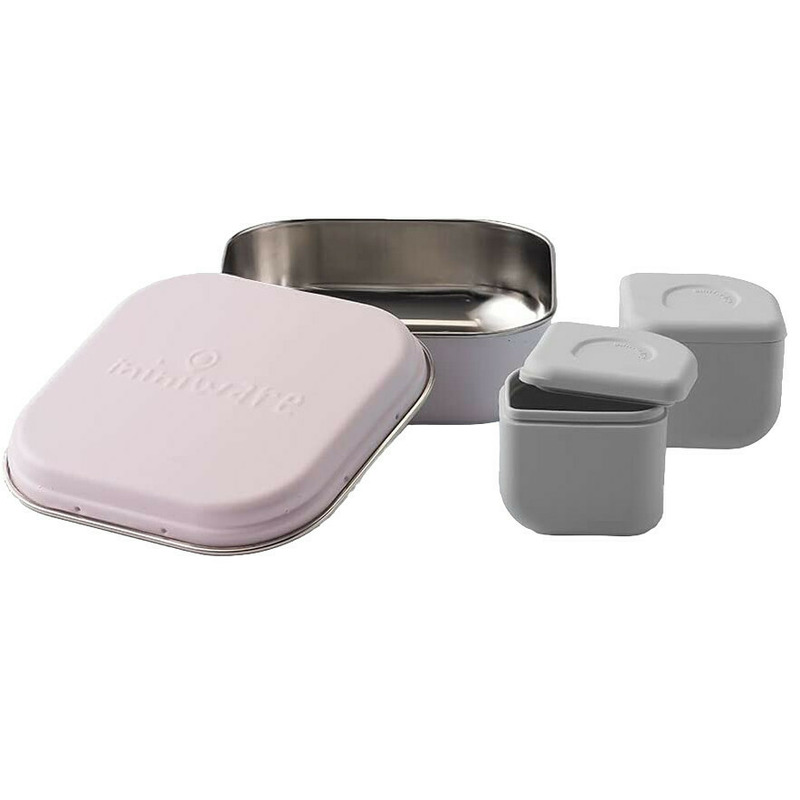 Set cutie cu 2 silipods pentru mancare bebelusi Miniware Grow bento, 3 piese, Cotton Candy+Grey