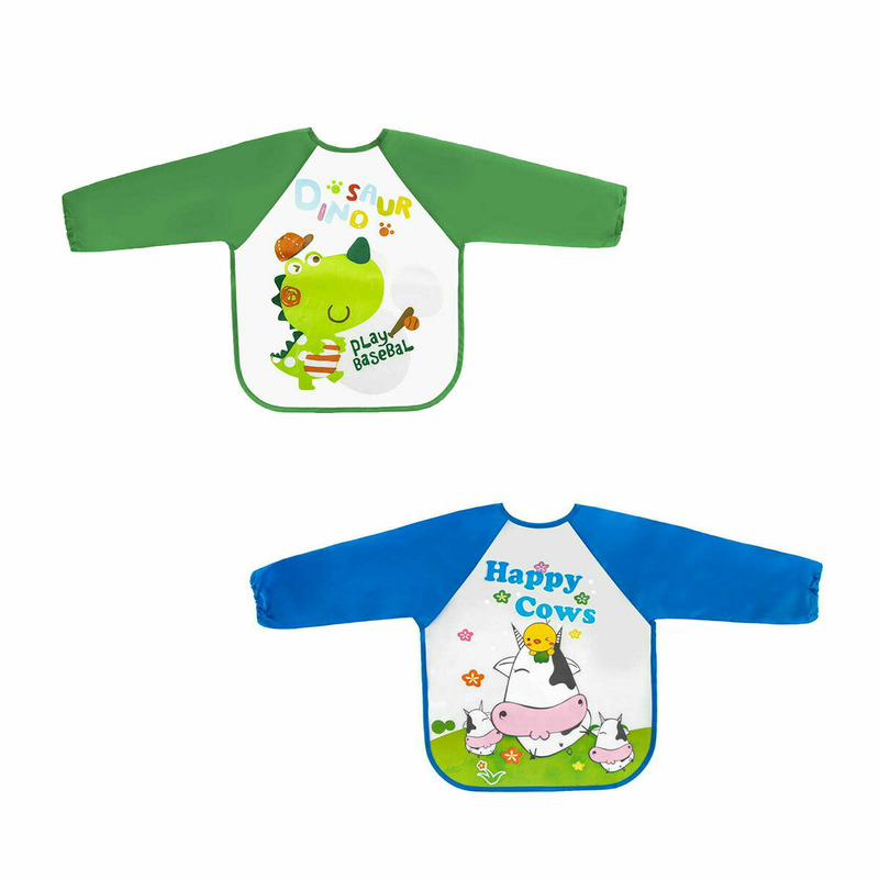 Set de 2 bavete impermeabile cu maneci lungi, Dimensiuni 40x35 cm, Bocioland, Happy Cows/Dino