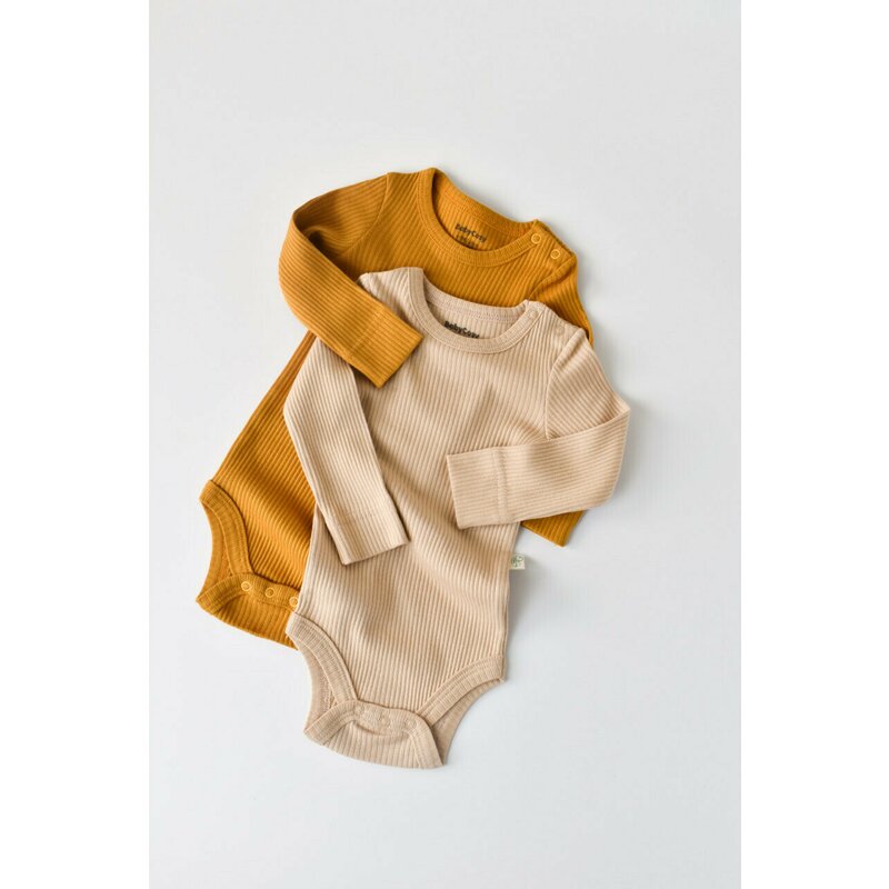 Babycosy - Set de 2 body-uri cu maneca lunga din bumbac organic si modal - Mustar/Somon (Marime: 12-18 Luni)