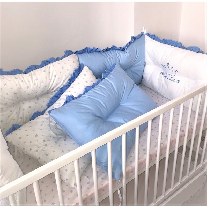 Deseda - set de 6 bucati aparatori protectii laterale patut 120x60 cm albastru- stelute albastre pe alb
