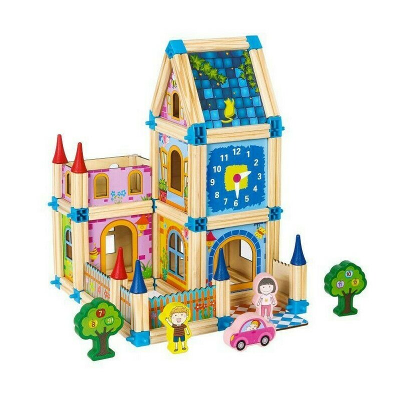 Set de constructii casa 6 in 1 din blocuri din lemn Ecotoys MA429