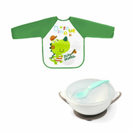 Set de hranire cu 2 piese, Baveta impermeabila cu maneci lungi Bocioland si castron Babyono cu ventuza si lingurita, Dino/Grey